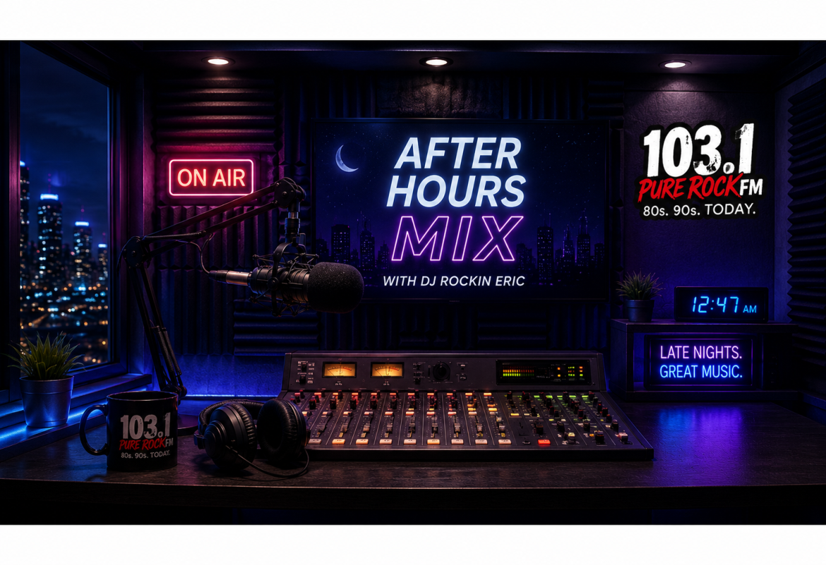 After Hours Mix late-night radio studio image for 103.1 Pure Rock FM.