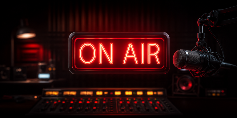 Red ON AIR sign in a radio studio