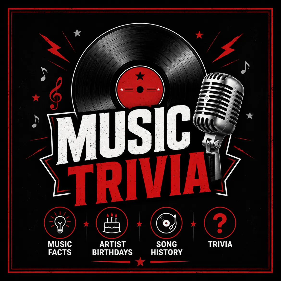 Music Trivia graphic with record, microphone, music facts, artist birthdays, song history, and trivia icons