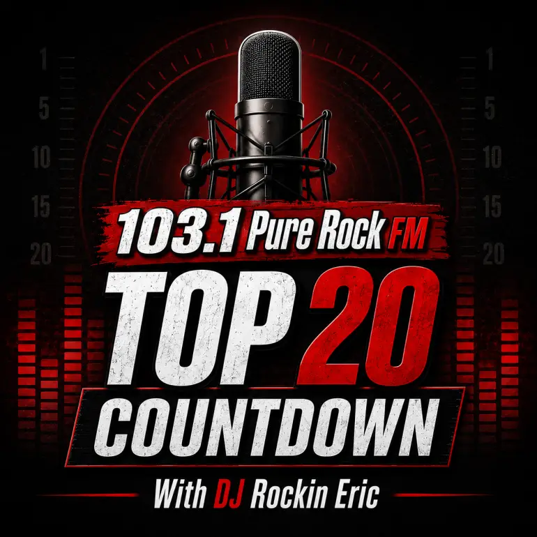 103.1 Pure Rock FM Top 20 Countdown show image with microphone and bold red black and white design